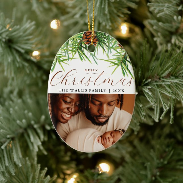 Modern & Stylish Photo & Greetings Christmas Pines Ceramic Ornament (Tree)