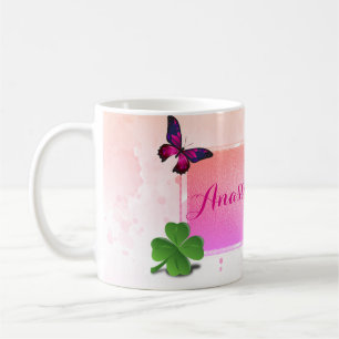 Modern Stylish, Pink Buterfly, Green Clover Coffee Mug