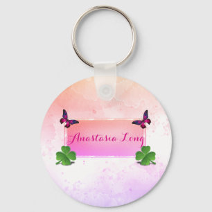Modern Stylish, Pink Buterfly, Green Clover Key Ring