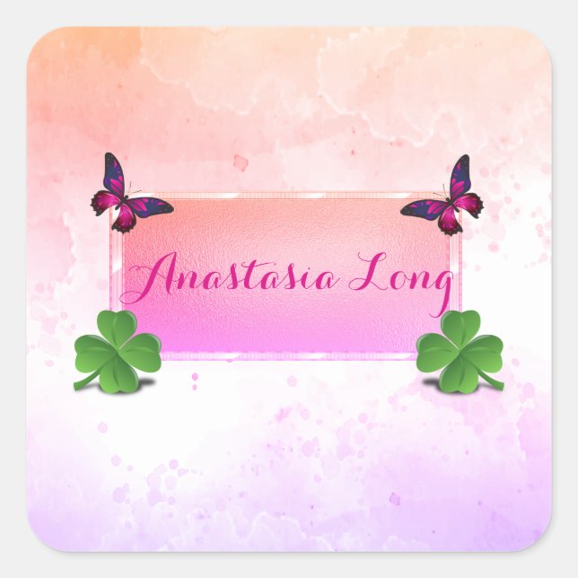 Modern Stylish, Pink Buterfly, Green Clover Square Sticker (Front)