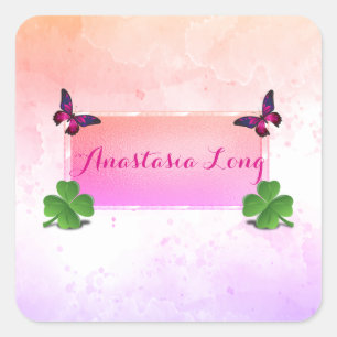Modern Stylish, Pink Buterfly, Green Clover Square Sticker