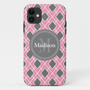 Modern Stylish Pink Grey Diamond Pattern iPhone 11 Case