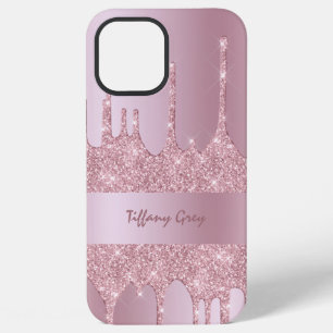 Modern stylish pink rose gold glitter drips iPhone 12 pro max case
