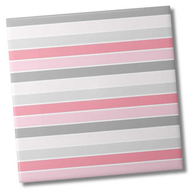 Modern Stylish Pink Stripe Pattern Ceramic Tile (Simple Modern Bold White Gray Pink Stripe Pattern Ceramic Tile)