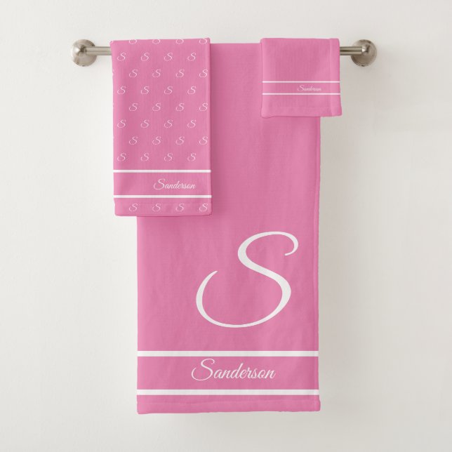 Modern Stylish Pink White Monogram Bath  Bath Towel Set (Insitu)