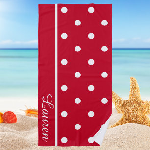 Modern Stylish Preppy Red & White Polka Dot Beach Towel