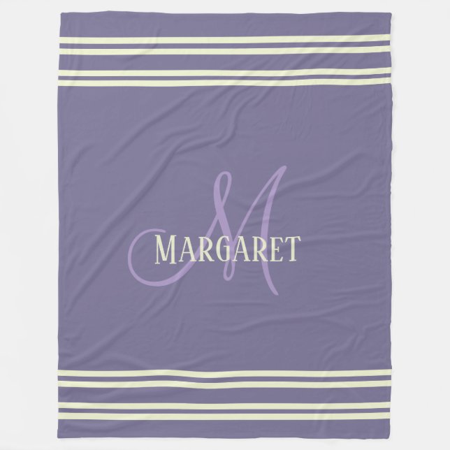 Modern stylish purple white personalized name  fleece blanket (Front)