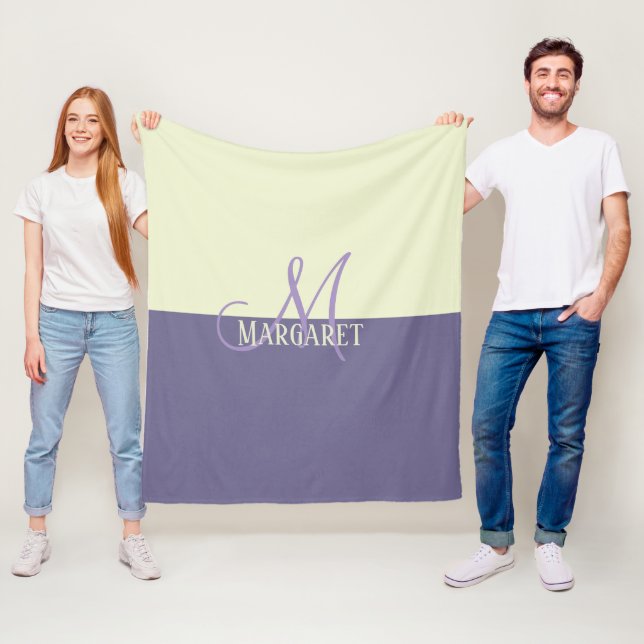 Modern stylish purple white personalized name  fleece blanket (In Situ)