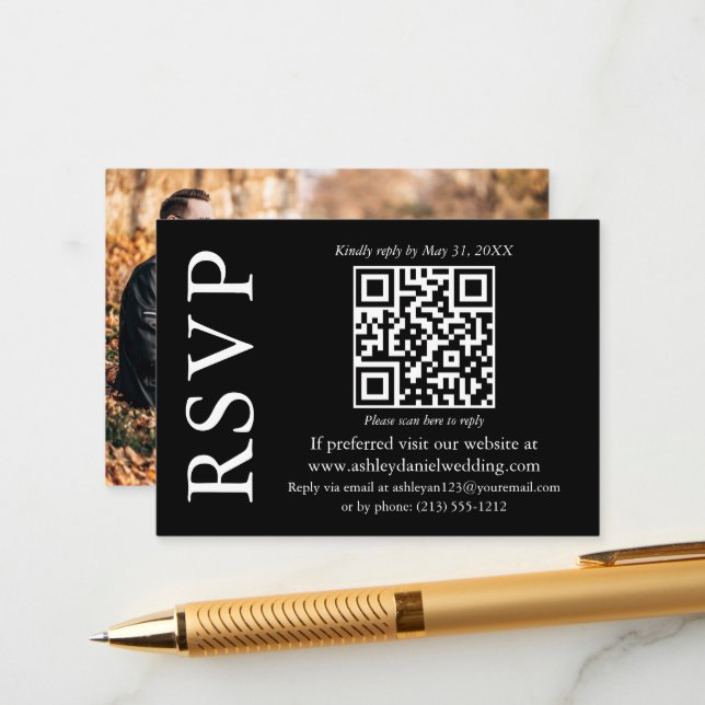 Modern Stylish QR Photo Wedding Black RSVP Enclosure Card (Front/Back In Situ)