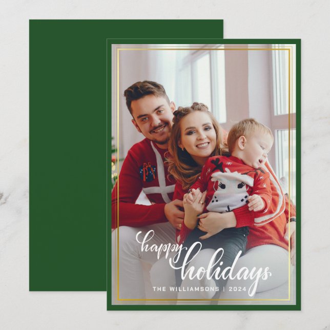 Modern Stylish Red bow Happy holidays photo family Holiday Card (Front/Back)