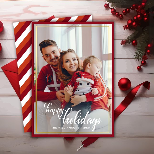 Modern Stylish Red bow Happy holidays photo family Holiday Card (Creator Uploaded)