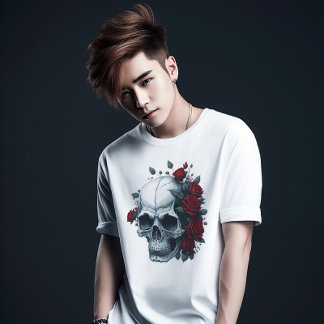 Modern Stylish Red Floral Black Sugar Skull T-Shirt