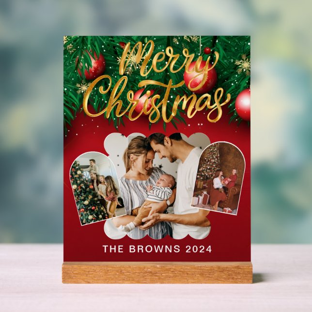 Modern Stylish Red Gold Christmas Family Photo Acrylic Sign (Neutral)