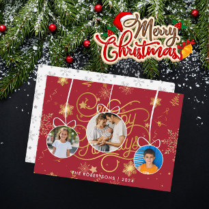 Modern Stylish Red Gold Christmas Family Photo Holiday Card