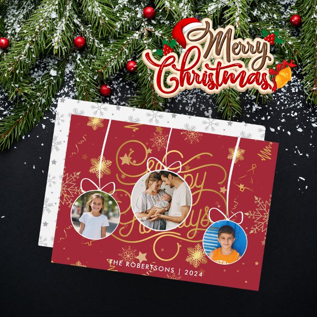 Modern Stylish Red Gold Christmas Family Photo Holiday Card (Creator Uploaded)