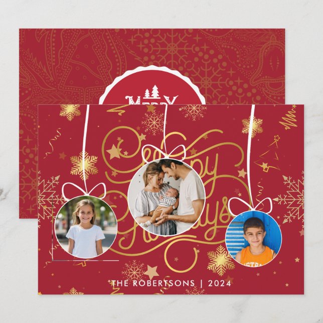 Modern Stylish Red Gold Christmas Family Photo Holiday Card (Front/Back)