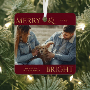 Modern Stylish Red Merry Christmas Family Photo Metal Tree Decoration