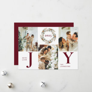Modern Stylish Red Photo Collage Joy Christmas Holiday Card