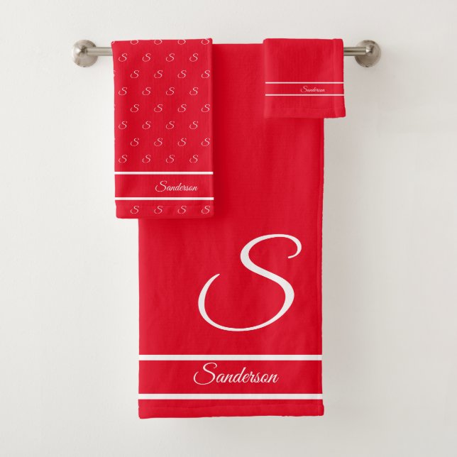  Modern Stylish Red White Monogram Bath Towel Set (Insitu)