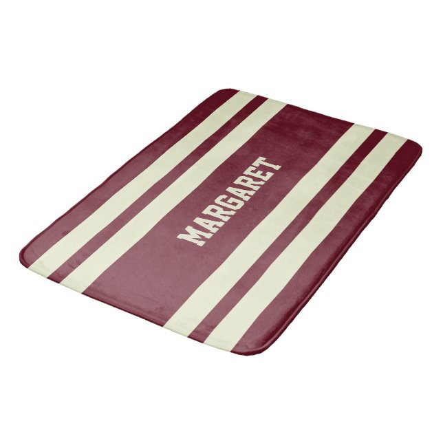 Modern stylish red white monogram name  bath mat (Angled)