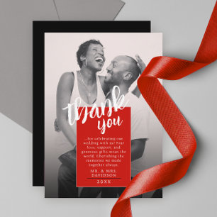 Modern Stylish Red White Photo QR Thank You Card