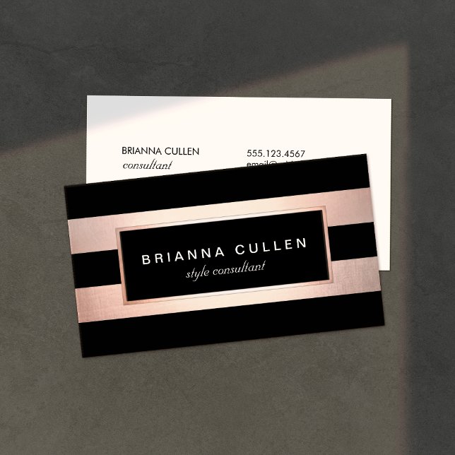 Modern Stylish Rose Gold Black Striped 2 Business Card (Creator Uploaded)