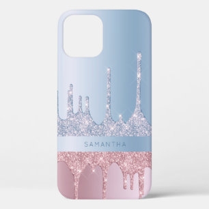 Modern stylish rose gold blue glitter drips iPhone 12 case