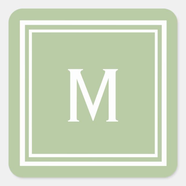 Modern Stylish Sage Green Custom Monogram Square Sticker (Front)