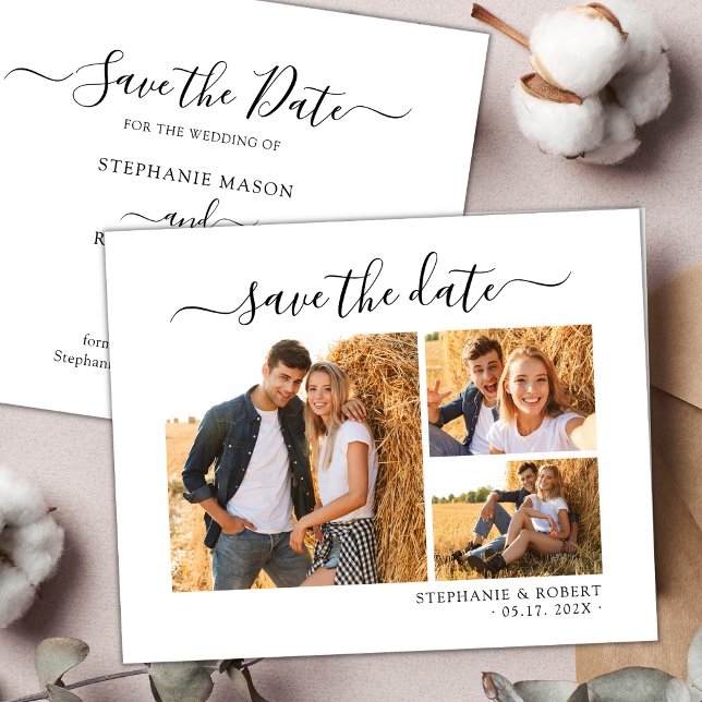 Modern Stylish Script 3 Photo Collage Wedding Save The Date (Creator Uploaded)