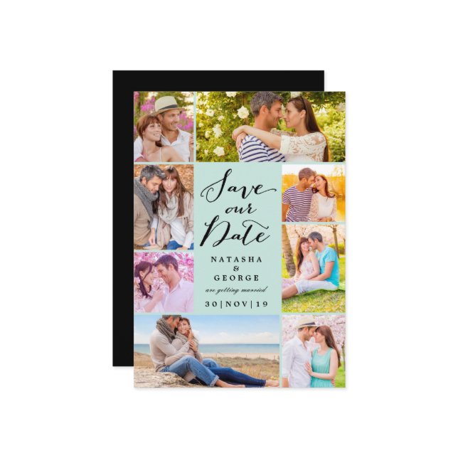 Modern Stylish Script 8 Multi Photo Save The Date Invitation (Front/Back In Situ)