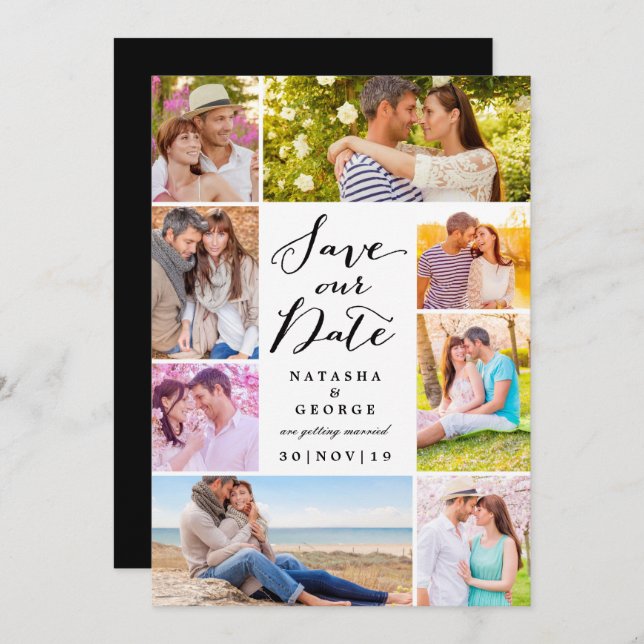 Modern Stylish Script 8 Multi Photo Save The Date Invitation (Front/Back)