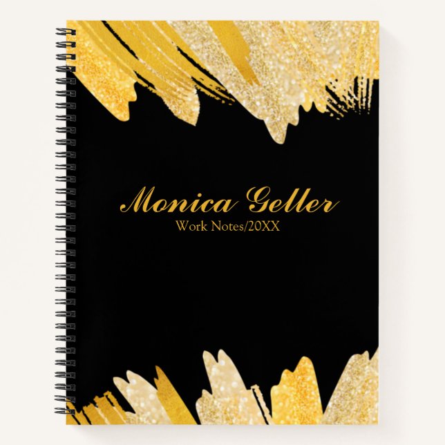 Modern Stylish Script Black Gold Name Theme  Notebook (Front)