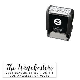 Modern stylish script custom family name address self-inking stamp