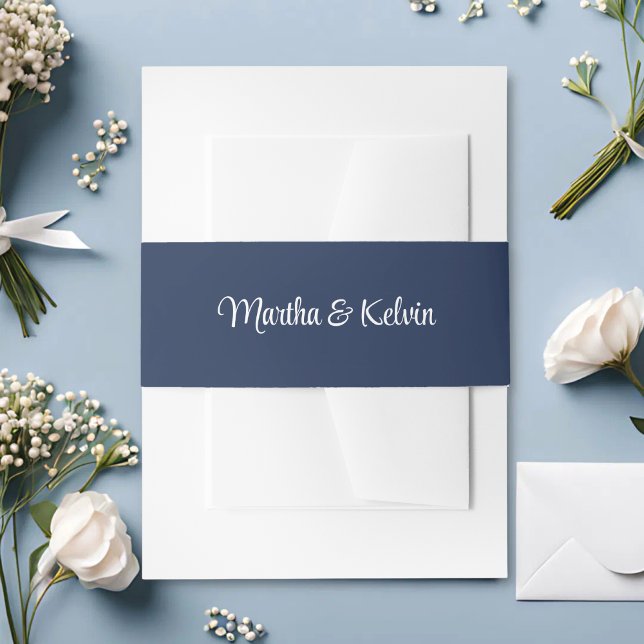 Modern Stylish Script Navy Blue & White Wedding Invitation Belly Band (Creator Uploaded)
