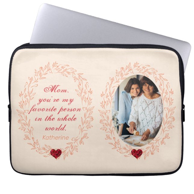 Modern Stylish Script Red Heart Photo Mothers Day Laptop Sleeve (Front)