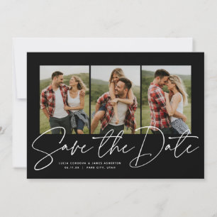 Modern stylish script three photo black and white save the date