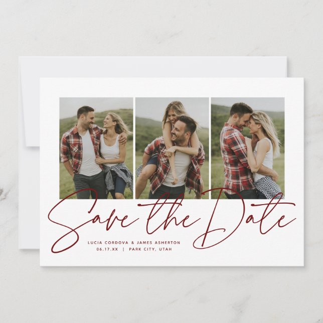 Modern stylish script three photo maroon save the date (Front)