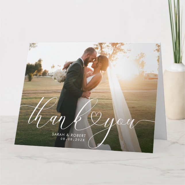modern stylish script wedding thank you photo card (Front)