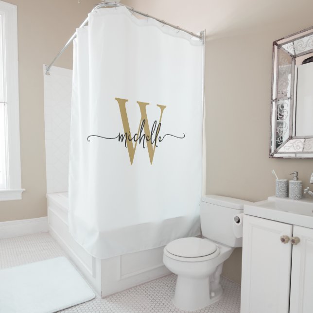 Modern Stylish Script White Gold Monogram Name Shower Curtain (In Situ)