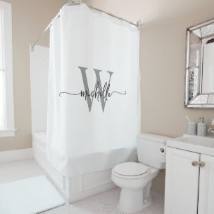 Modern Stylish Script White Grey Monogram Name Shower Curtain