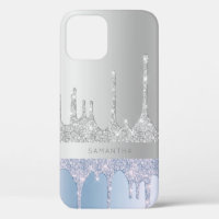 Modern stylish silver & blue glitter drips