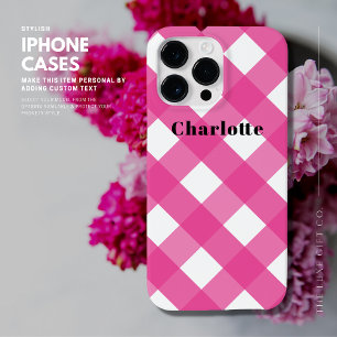 Modern Stylish Simple Pink Gingham with Name Case-Mate iPhone 14 Pro Max Case