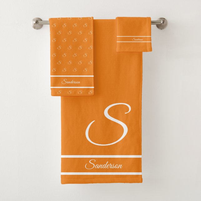  Modern Stylish Solid Colour Orange White Monogram Bath Towel Set (Insitu)