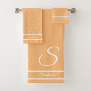 Modern Stylish Solid Colour Peach White Monogram Bath Towel Set