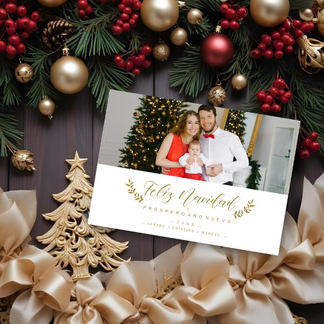 Modern Stylish Spanish Feliz Navidad Quote Photo (Photo Modern Stylish Spanish Feliz Navidad Quote Holiday Cards with Minimalist Christmas Holly.)