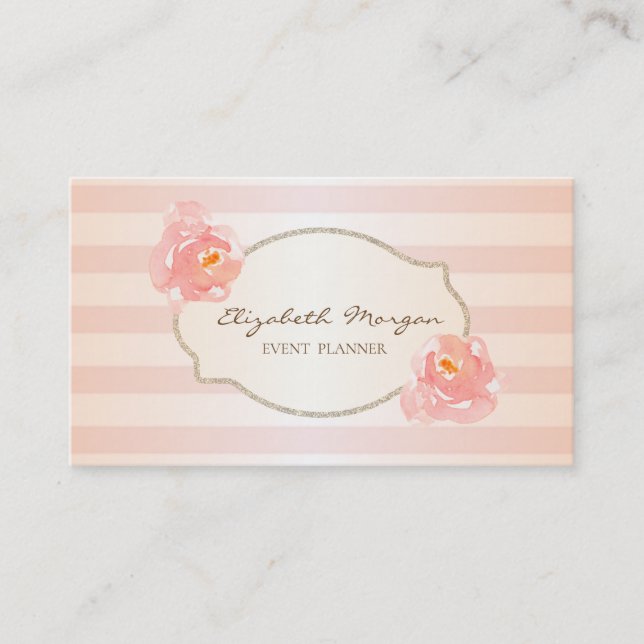 Modern Stylish Striped,Gold Frame,Roses Business Card (Front)