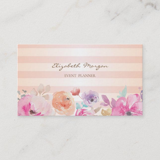 Modern Stylish Striped Watercolor Flowers Business Card (Front)