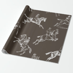 Modern Stylish Taupe White Horseback Riding Toile Wrapping Paper