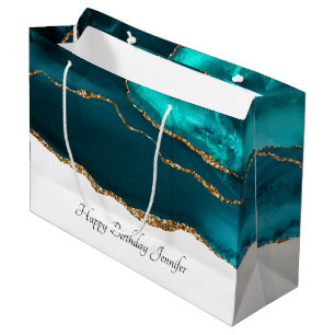 Modern Stylish Teal Agate & Gold Ribbon Birthday Large Gift Bag