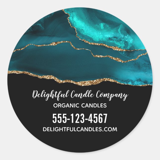 Modern Stylish Teal Agate & Gold Ribbon Business Classic Round Sticker (Front)